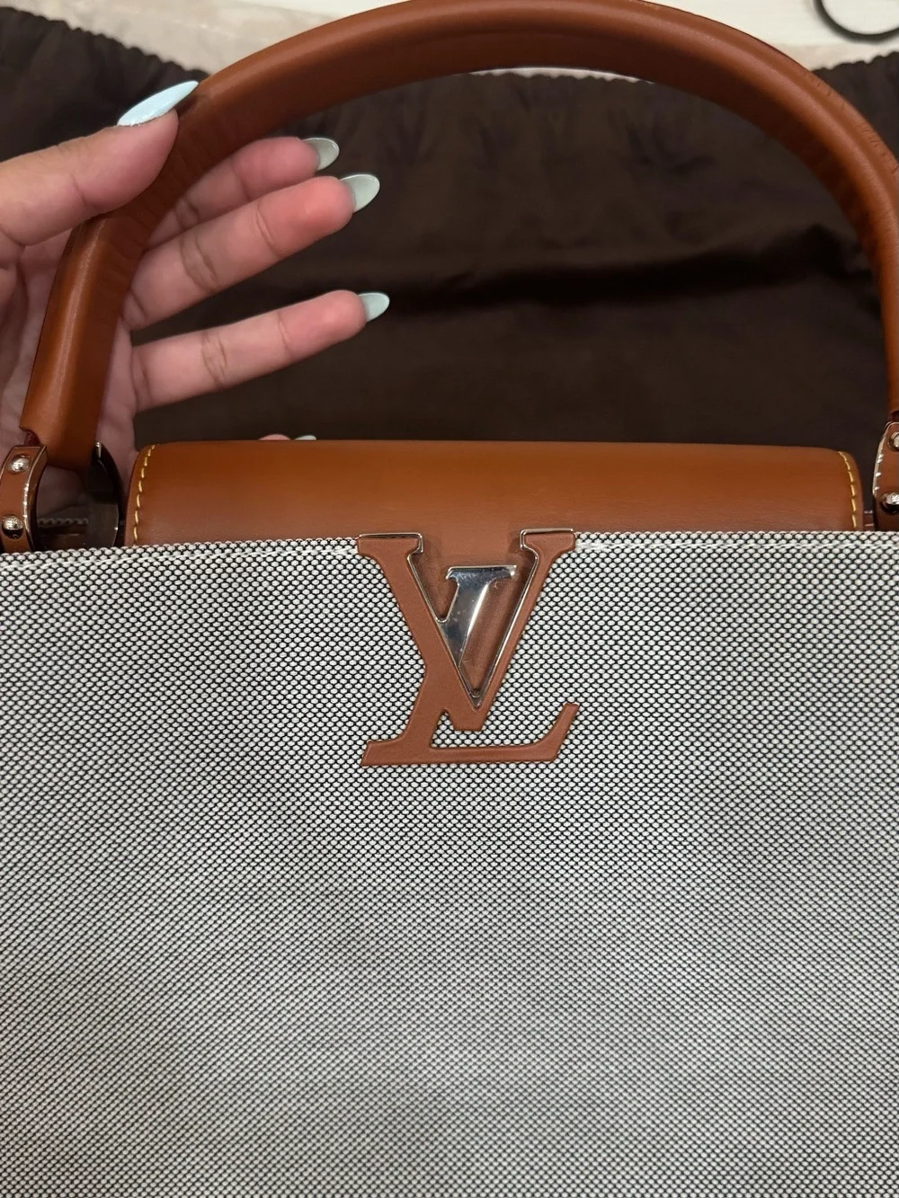 Louis Vuitton Capucines Gray Canvas with Brown Leather Top-Handle Satchel